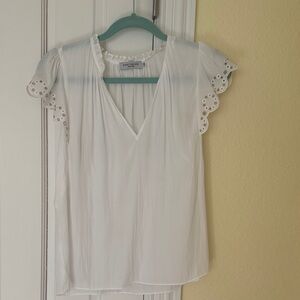 Ramy Brook White V-Neck Eyelet Flutter Sleeve Blouse